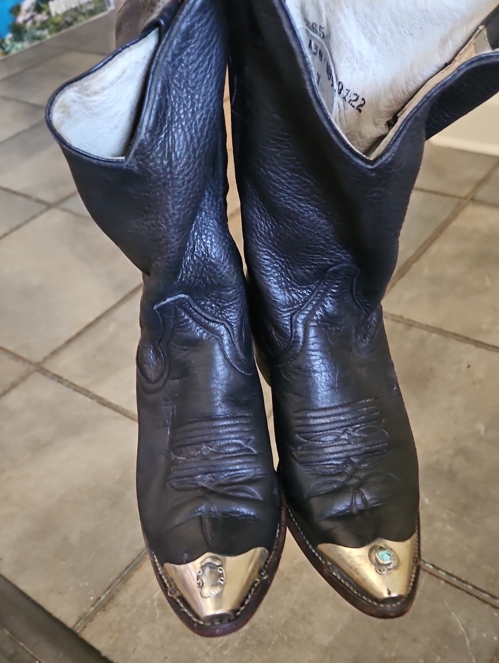 Larry Mahan Vintage Black Elk Leather Cowboy Boots w/Heel & Toe Tips In Silver